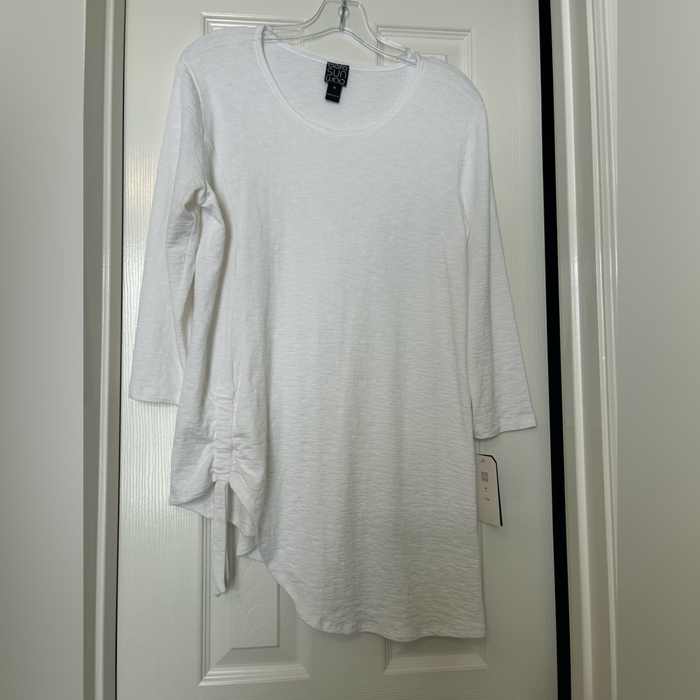 Clara Sunwoo White Asymmetrical Tunic Top, 3/4 “ sleeves.